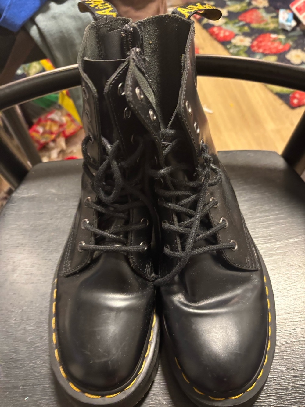 Dr. Martens Black Leather Lace-Up Combat Boots with Yellow Stitching